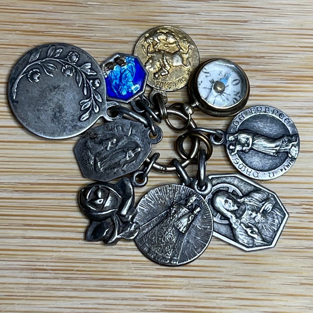 Antique French Religious Medals with Darling, Tiny Compass - Extraordinary Gift!
